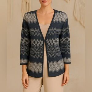 PENDLETON Mya Diamond Argyle Tribal Boho Button Cardigan in Navy Blue Grey Sz. L